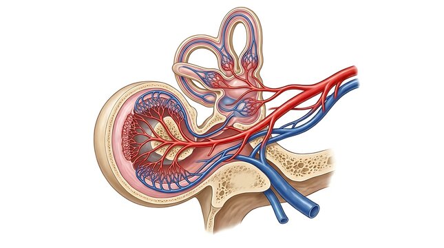 Detailed medical illustration of the inner ear vascular system showing arteries and veins in the cochlea