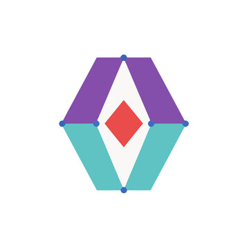 Geometric abstract logo with purple, teal, and red shapes