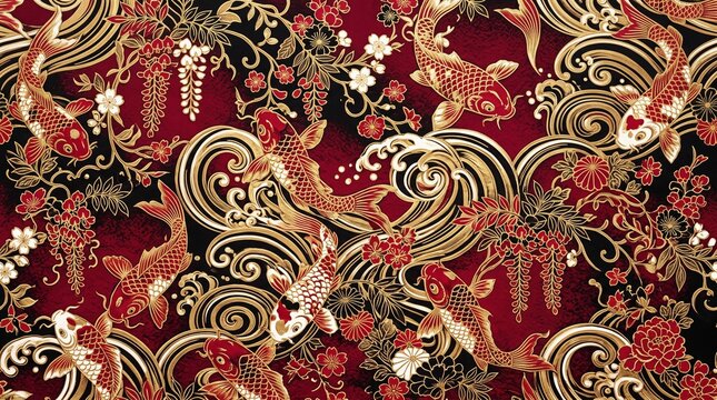 Japanese Koi Fish and Floral Pattern with Waves in Red Black and Gold