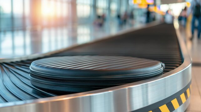 Luggage moves along a conveyor belt at a busy airport terminal.