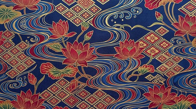 Japanese Lotus Flower Pattern with Water and Geometric Designs