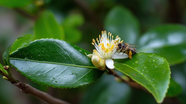 Bee pollinating delicate white flower on vibrant green foliage close up