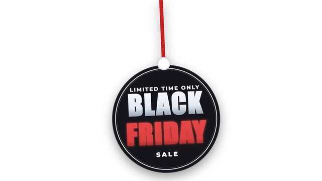 Round Black Friday sale tag hanging on a red string isolated on white background.