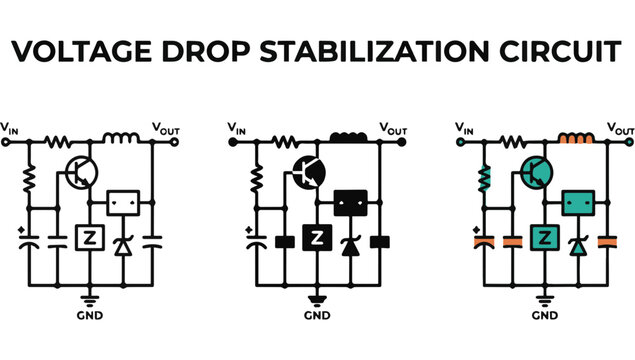 Detailed electronic schematic diagrams of a voltage drop stabilization circuit featuring transistors, capacitors, resistors, and zener diodes for electrical engineering applications.