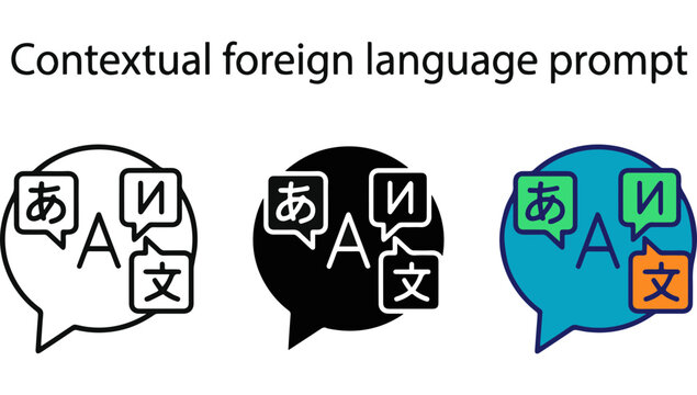 Set of contextual foreign language prompt icons featuring diverse alphabets like japanese, chinese, cyrillic, and latin within speech bubbles representing global communication.