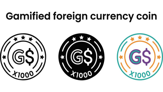 A set of three gamified foreign currency coin icons showcasing a dollar symbol with a capital g and star details, provided in outline, flat black, and multicolor styles for application design.