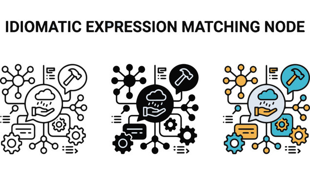 A comprehensive set of idiomatic expression matching node icons displayed in three distinct styles including line art, solid black, and flat color designs for linguistics and data processing.