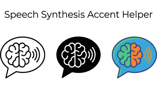 Icon set for speech synthesis accent helper featuring a brain inside a chat bubble with sound waves in three different styles including outline, glyph, and colorful design.
