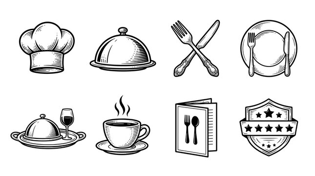 Set of Restaurant and Cooking Icons in Engraved Woodcut Style on White Background