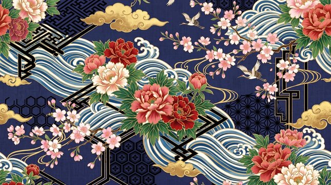 Japanese floral pattern with waves clouds and cranes in traditional style