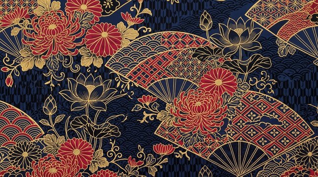 Japanese floral pattern with chrysanthemums and fans in red gold and blue