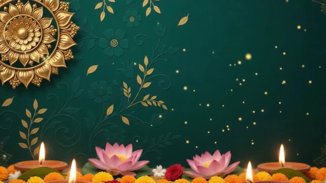 Festive puja background with glowing diyas lotus flowers golden ornament for durga puja navratri diwali hindu religious celebration and spiritual worship festival