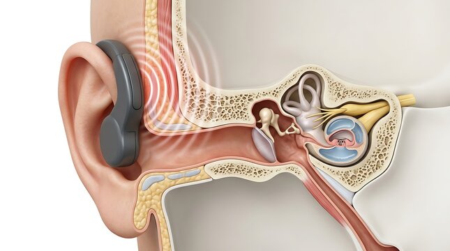 Anatomical illustration of bone conduction hearing technology with vibrations reaching the cochlea