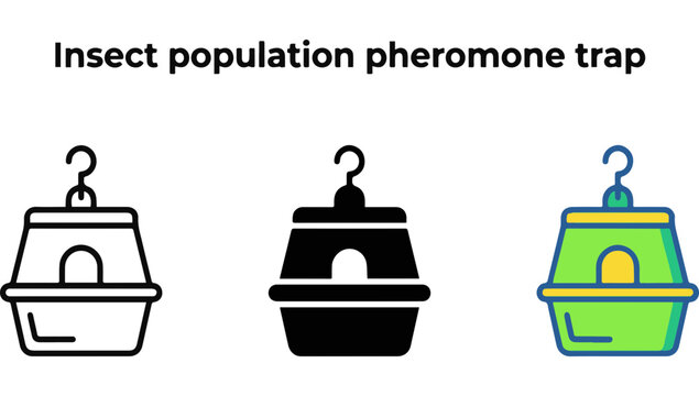 Insect population pheromone trap icons in three different styles including outline, solid black, and colorful linear design for agricultural pest management and monitoring applications.