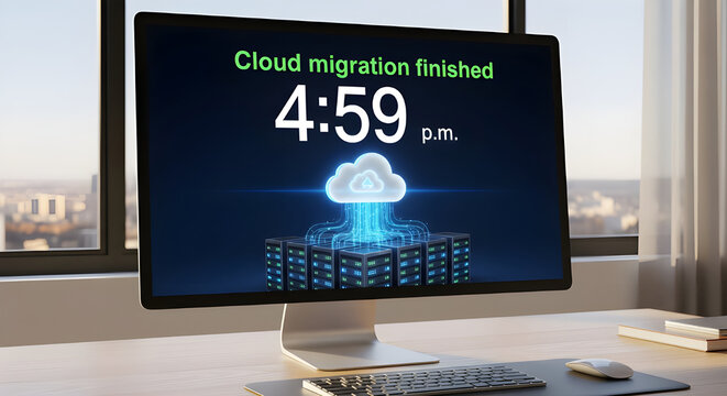 Computer monitor showing cloud migration successfully finished at 4-59 pm with glowing cloud icon