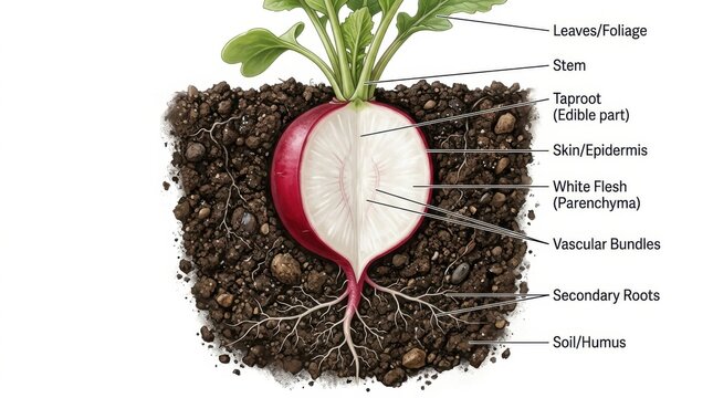 Educational Diagram Showing Internal Anatomy and Biological Structure of a Fresh Radish Root Growing in Organic Soil with Labeled Parts and Sections