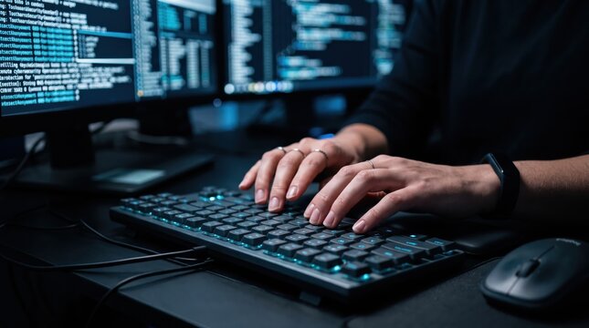 Programmer coding on mechanical keyboard with glowing keys, multiple monitors displaying source code in dark room, software development and cybersecurity concept.,