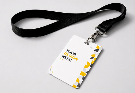 Corporate ID Card Badge Mockup with Black Lanyard on Light Background