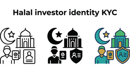 Fototapeta premium A set of three distinct icons for halal investor identity and kyc verification procedures featuring a mosque, crescent star, and personal identification documents in various graphic styles.