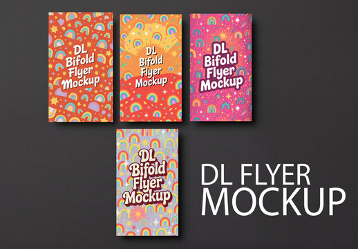 DL Bifold Flyer Mockup Set with Colorful Patterns on Dark Surface