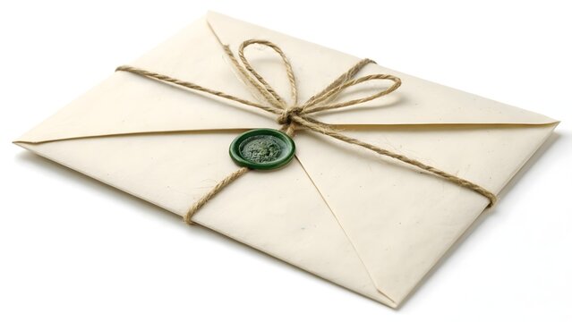 Envelope tied tightly with rustic twine string features a distinct green wax seal on white background.