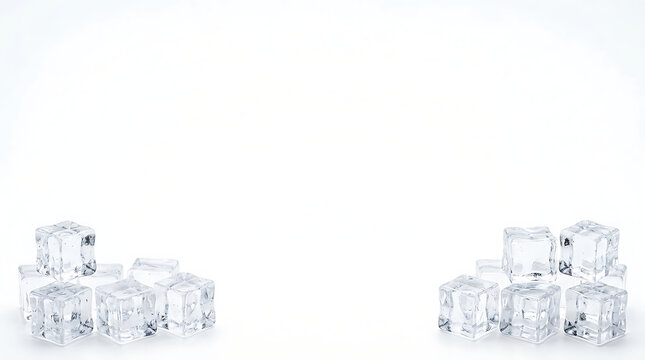 Crystal clear transparent ice cubes grouped on clean white background with empty copy space