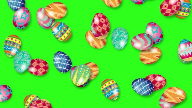 Colorful Patterned Easter Eggs Falling Downward on Green Screen Background