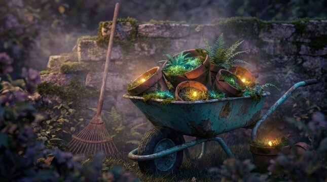 Magical glowing plants in a rusty wheelbarrow in a garden at dusk