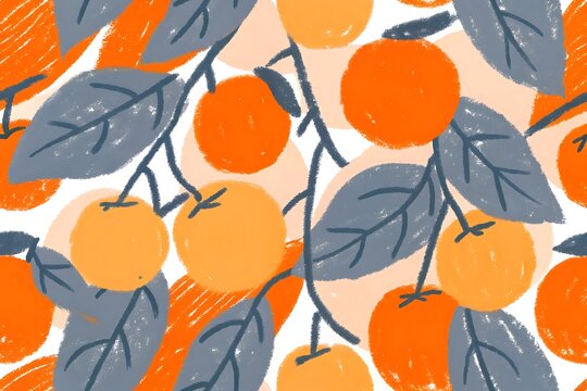 Seamless Pattern with Hand Drawn Oranges and Grey Leaves on White Background fruit