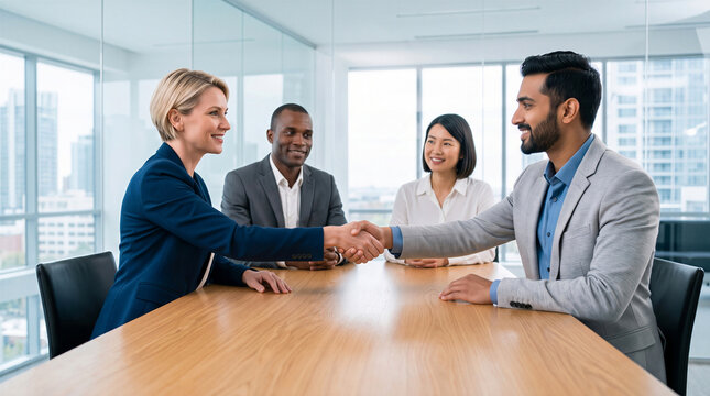 Diverse business professionals shaking hands across a conference table in a modern office meeting room