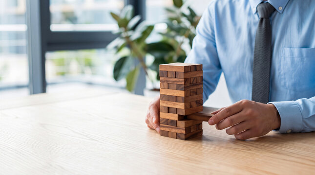 Businessman carefully removing a wooden block from a tower on an office desk, representing business strategy and risk management