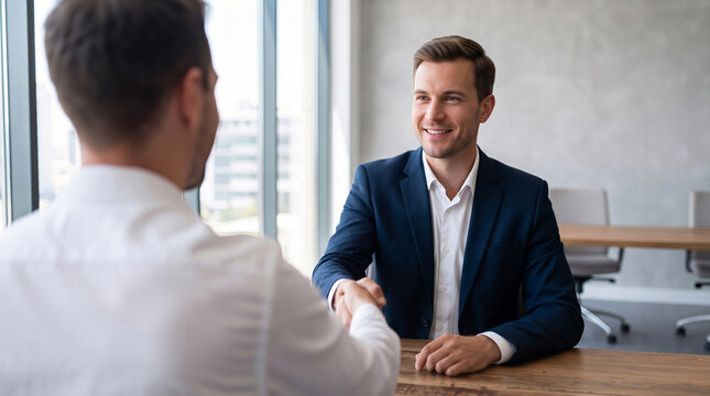 Smiling businessman shaking hands with a colleague or client in a bright modern office