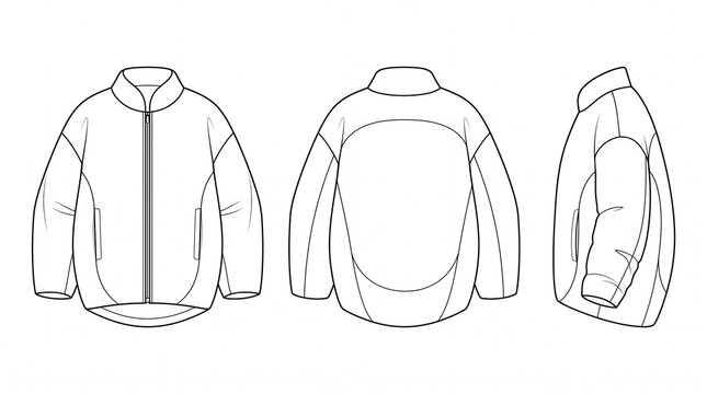 Oversized Bomber Jacket Technical Fashion Sketch, Front, Back, and Side View, Vector CAD Template for Apparel Design
