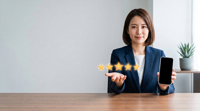 Smiling businesswoman holding a blank smartphone and gesturing toward five golden stars on an office desk