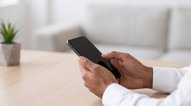 Close up of a man's hands holding a black smartphone with a blank screen over a wooden table indoors