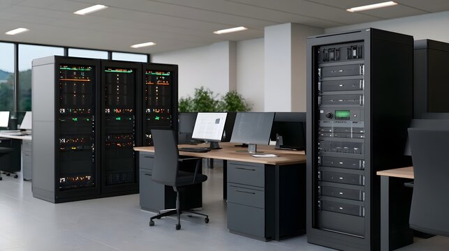 Modern server room with multiple rack mounted servers  workstations  and ergonomic office chairs under bright ceiling lights