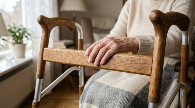 Elderly senior person holding a wooden mobility walker frame indoor support assistance for disabled aged patients living independently at home