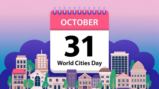 World cities day calendar page for october 31st with urban city buildings and skyscrapers illustration