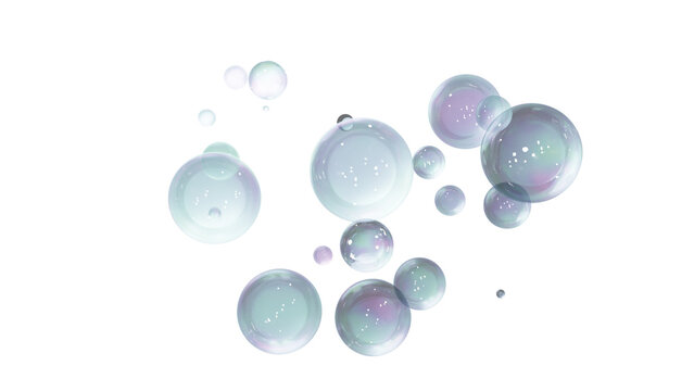 Realistic clear soap bubbles floating isolated on transparent background