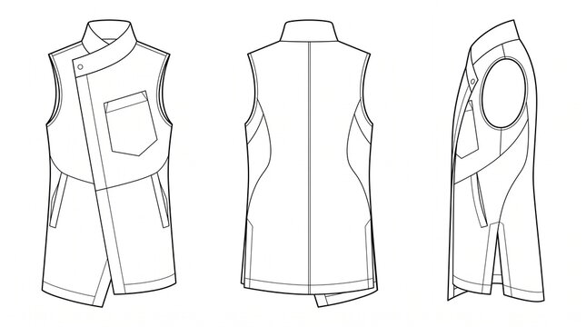 Technical Flat Sketch of Men's Asymmetrical Vest Front Back and Side View Vector Illustration