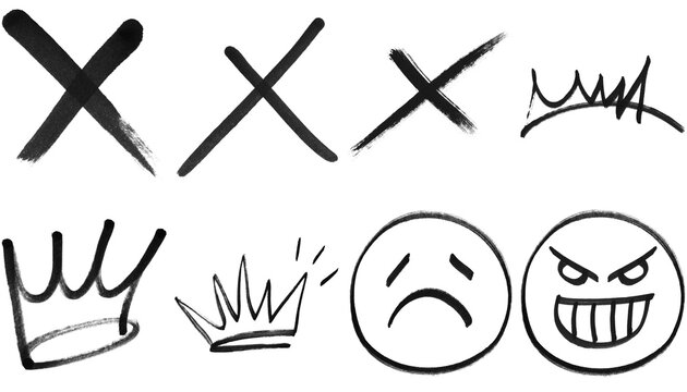 Graffiti symbols collection with X marks, crowns, and comic faces isolated PNG