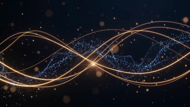 Elegant golden light waves and blue particle ribbon flowing on dark background, luxury abstract motion