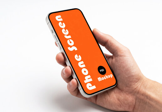 Hand Holding Blank Smartphone Screen Mockup on White Background