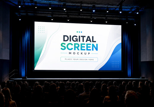 Large Digital Projection Screen Mockup on Stage with Audience