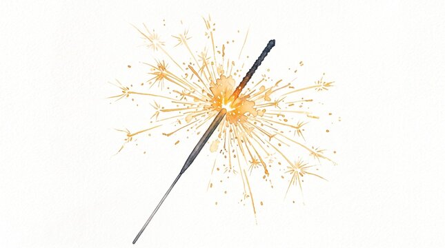 Watercolor Sparkler Illustration with Golden Sparks on White Background