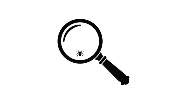 Small spider observed under round magnifying glass on white background creating high contrast graphic design