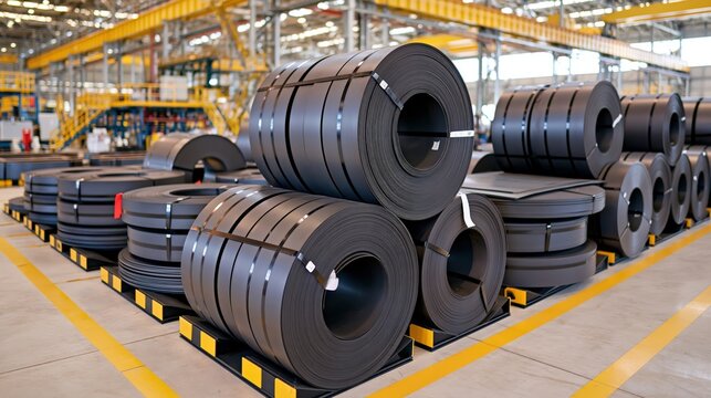 Large rolls of metal material are stacked and organized within an industrial facility.