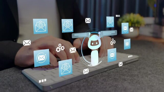 AI email assistant and smart inbox automation concept. chatbot, mail icons, messages, envelopes, auto reply, email generator, inbox management, customer communication