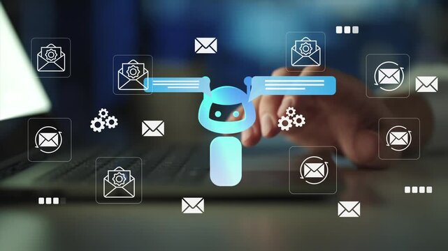 AI email assistant and smart inbox automation concept. chatbot, mail icons, messages, envelopes, auto reply, email generator, inbox management, customer communication
