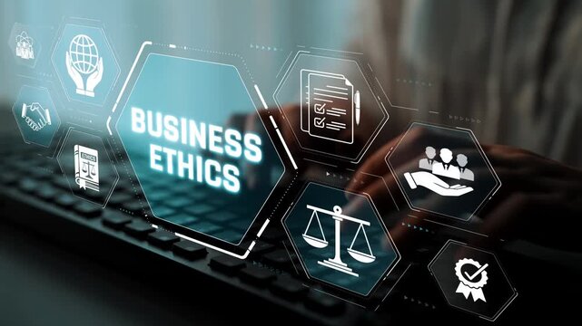 A Conceptual Framework Illustrating Business Ethics in the Digital Age with Modern Icons and Symbolism Highlighting Integrity and Responsibility Sigmoid